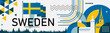 Sweden national day banner with geometric retro icons and Swedish flag map color scheme. Landmarks like Riddarholmen church, city hall Stockholm in background. 6 June celebration. Blue Yellow. Vector 