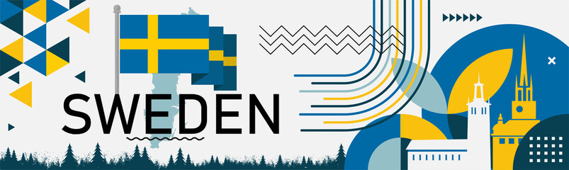 Wall Mural - Sweden national day banner with geometric retro icons and Swedish flag map color scheme. Landmarks like Riddarholmen church, city hall Stockholm in background. 6 June celebration. Blue Yellow. Vector 