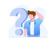 Vector Flat Illustration Confused Person With Big Question Mark on The Back And Showing Confused Gesture.
Can be used for Website, FAQ illustration, Error pages, Presentation, Animation, Etc.