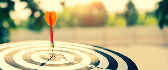 Wall Mural - Bullseye or Bulls eye target or dartboard has dart arrow throw hitting the center of a shooting for financial business targeting planning and aim to winner goal of business concept.