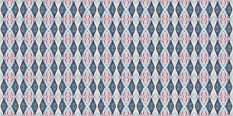 Indigo blue red batik geo nautical seamless border pattern. Modern marin geometric kaleidoscope banner. Nantucket fabric textile style. Summer rustic masculine worn linen effect edging trim tape 