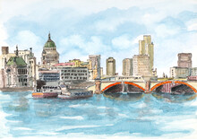 River Thames In London. Ink And Watercolor On Paper.