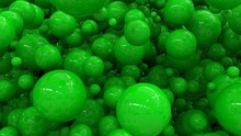 An Abstraction With Green Shiny Balls. Green Background Of Green Glossy Balls With Highlights. Lots Of Green Balls. 3D Image. 3D Rendering. 3D Illustration.
