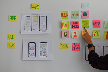 Wall Mural - pointing a female finger on a paper note about new creative technology design and mobile user softwa