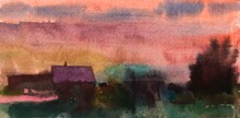 Watercolor Rural Landscape With Houses And Trees On The Background Of Sunset