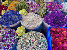 Closeup Of Different Colorful Spices And Herbs In The Market