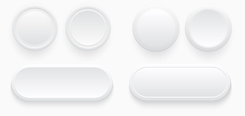 Aufkleber - White buttons for user interface, simple circle 3D modern design for mobile, web, social media, business. Neumorphism flat style vector editable illustration. White gray color minimal style UI icons s