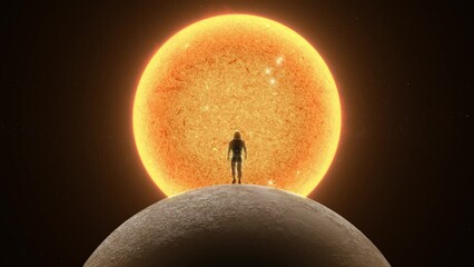 Wall Mural - video of a brave astronaut in space suit confidently walking on the moon towards the sun
