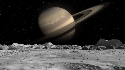 Wall Mural - footage of saturn in an outer space seen from the moon with small rocks