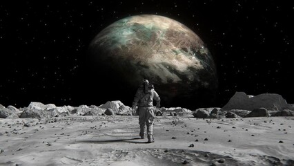 Wall Mural - footage of a brave astronaut in a suit confidently walking on the moon toward a space planet