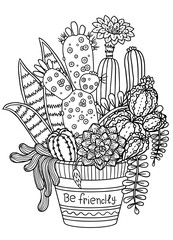 Wall Mural - Vector Coloring book page for adult. Hand drawn set of succulents or cacti in pots. Doodles Black and white succulent