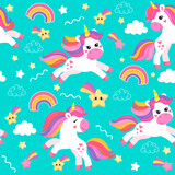 Fototapeta  - colorful seamless patterns with unicorns in cartoon style for kids. vector illustration