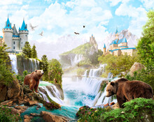 A Wilderness Landscape With Ancient Castles, Waterfalls And Bears. Photo Wallpapers, Wallpaper On The Wall.