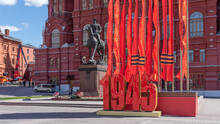 Moscow, Russia - May 5, 2022: The Area In Front Of The Historical Museum And The Monument To General Georgy Zhukov, Decorations For The Holiday May 9 Victory Day