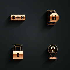 set password protection, mobile with closed padlock, lock and icon with long shadow. vector