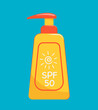 Sun protect lotion for the skin with SPF. Sunscreen care bottle, cosmetics for body. 