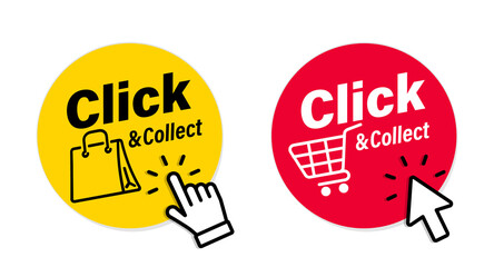 Click and collect icons. Click an collect with computer mouse pointer or mouse. Mouse cursor or Hand pointer. Concept online order or internet shopping. Ecommerce, internet sales and retail