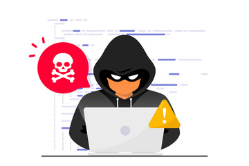 hacker, cyber criminal with laptop stealing user personal data. hacker attack and web security. inte