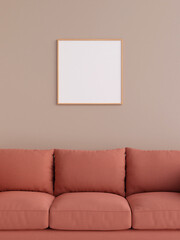 Wall Mural - Modern and minimalist square wooden poster or photo frame mockup on the wall in the living room. 3d rendering.