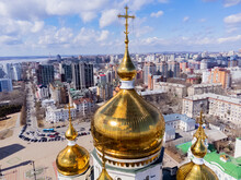 Golden Domes Of The Christian Cathedral. The Transfiguration Cathedral Is An Orthodox Cathedral In Khabarovsk. The Tallest Building In The City. 