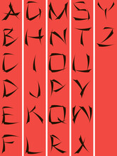 Raster Illustration Is An Alphabet With English Black Letters On A Red Background In Japanese Style, Similar To Hieroglyphs