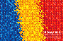 Flag Of Romania. Abstract Background Of Small Triangles In The Form Of Colorful Blue, Yellow And Red Stripes Of The Romanian Flag.