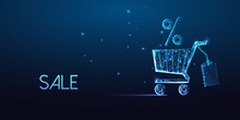 Futuristic Sale, Online Shopping Concept With Glowing Shopping Cart, Percent Discount Sign And Tag
