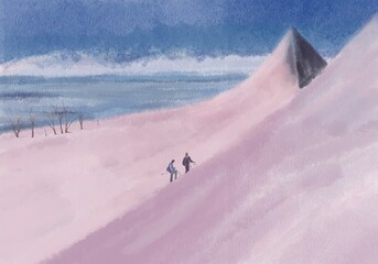 Pink mountains.  Two people climb to the top of a mountain.  Way up.  Stormy sea under blue sky.  Drawing of a mountain landscape.  Leisure. White foam from the waves.  dried bushes