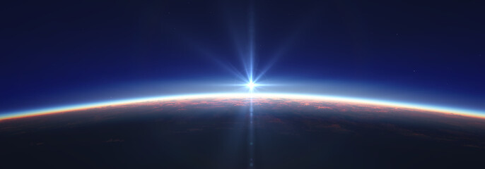 Earth sunrise from space over cloudy ocean. 3d rendering