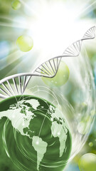 stylized dna chains and the planet earth symbolizing global problems. 3d illustration