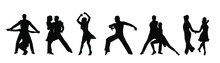 Latina Dance. Dancers In Salsa, Bachata Or Tango Poses Wearing Formal Costumes. 
Set Of Silhouette Vector  Illustrations Isolated On White Background.