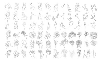 big set of abstract flowers and body, face in one line style.woman beauty fashion concept. - vector 
