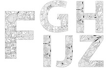 Vector Of Hand Drawn Set Of Alphabet From F - J In Zentangle Style For Coloring Pages