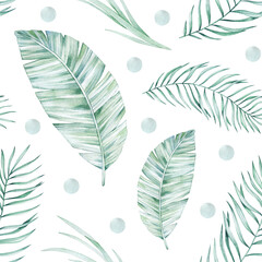  Watercolor seamless pattern with palm leaves and polka dots. Isolated on white background. Hand drawn clipart. Perfect for card, fabric, tags, invitation, printing, wrapping. 