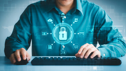 Wall Mural - cybersecurity concept global network security technology, business people protect personal informati