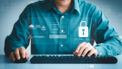 Wall Mural - cybersecurity concept global network security technology, business people protect personal informati