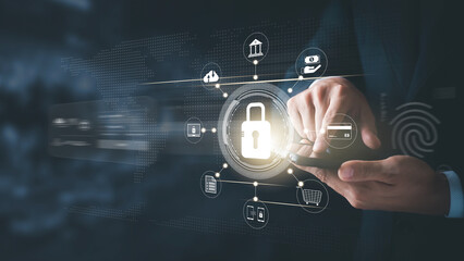 cybersecurity concept Global network security technology, business people protect personal information. Encryption with a key icon on the virtual interface.