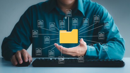 document management system concept, business man holding folder and document icon software, searchin