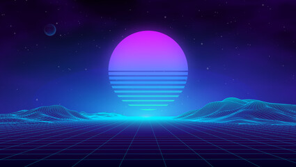 Wall Mural - retro landscape blue background. 3d vector background. futuristic technology mountain landscape. dig