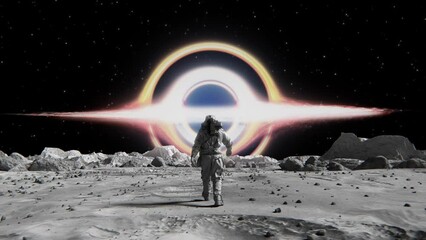Wall Mural - footage of a brave astronaut in a space confidently walking toward a supermassive black hole
