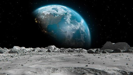 Wall Mural - footage of the earth seen from the moon with small rocks