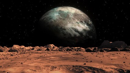 Wall Mural - footage of a space planet seen from mars with small rocks and red sand