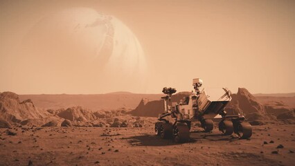 Wall Mural - footage of nasa's mars rover traveling across the surface of mars towards saturn