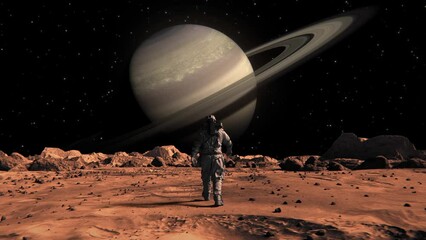 Wall Mural - footage of a brave astronaut in a suit confidently walking on mars toward planet saturn