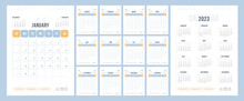 2023 Calendar Template Design. Week Starts On Sunday Black And Blue Calendar For Businessman. Desktop Planner In Simple Clean Style. Corporate Or Business Calendar. English Vector Calendar Layout.
