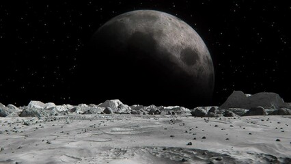 footage of the moon in an outer space seen from a planet with small rocks