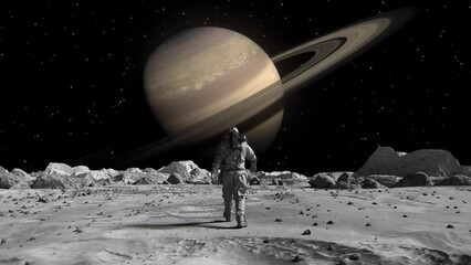 Wall Mural - footage of a brave astronaut in a suit confidently walking on the moon toward planet saturn