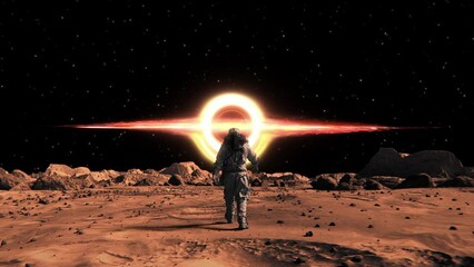 Wall Mural - footage of a brave astronaut in a space confidently walking toward a supermassive black hole