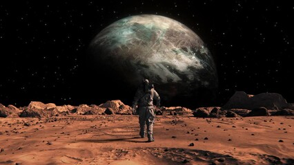 Wall Mural - footage of a brave astronaut in a suit confidently walking on mars toward a space planet