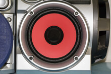 Closeup Shot Of A Red Loudspeaker For Music